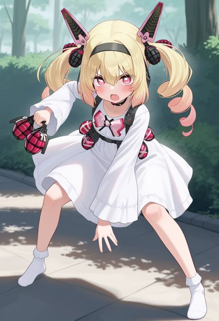 ikinone_tomeru, blonde hair, twintails, hairband, multicolored hair, black hairband, hair ribbon, pink eyes, long hair, gradient hair, headgear, hair between eyes ,drill hair, mechanical ears, 
choker, white dress,ong sleeves, grenade, bow, ribbon, official alternate costume, white socks, no shoes,
holding pink weapon, 
 <lora:ikinone_tomeru_Illustrious-XL_2.0_v1:1>, IllusP0s,masterpiece, best quality, amazing quality, very aesthetic, absurdres, newest
solo,1girl,, standing, (dynamic pose,fighting stance), open mouth, blush, v-shaped eyebrows, 
looking at viewer,(upper body, close-up),
(outdoors, )