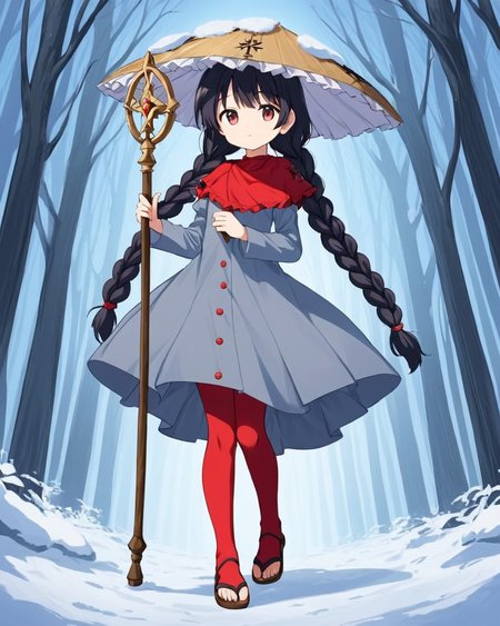 yatadera narumi,1girl, solo, ajirogasa, twin_braids, snow, long_sleeves, looking_at_viewer, holding, red_capelet, sandals, grey_dress, staff, forest, buttons, full_body, bare_tree, red_socks, dutch_angle
<lora:yatadera_narumi_image528_2023-12-20:1>,star-shaped_pupils,symbol-shaped_pupils,. gorgeous,key visual, vibrant, studio anime,award-winning, professional, highly detailed,high budget, cinemascope