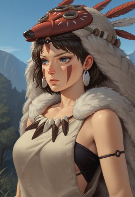 d31m0style, semi-realism,   masterpiece, best quality, solo,                                                                                                     princess mononoke, blue eyes,  tribal clothing, wooded area, blue sky, bust shot