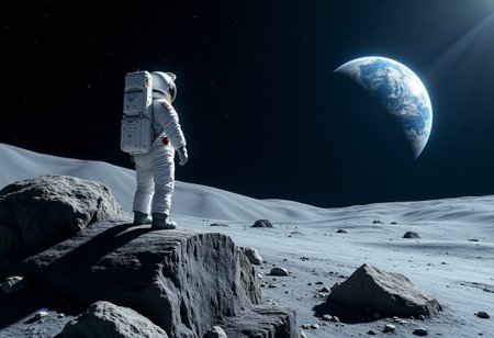 IMG_1017.CR2, astronaut ON THE EDGE OF A CLIFF ON THE MOON SURFACE,, WHITE MOON BOOTS,   low gravity environment,  Earth visible in the distant starry sky, dramatic lighting casting shadows, a sense of adventure and exploration, cool tones contrasted with the bright white suit, ultra-detailed, 4K resolution, expansive view of the cosmos, serene yet awe-inspiring atmosphere, focusing on the vastness of space and humanity's curiosity.