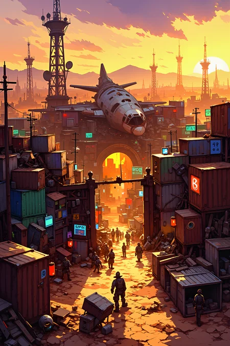 A sprawling, haphazard settlement built from rusted shipping containers, broken aircraft parts, and salvaged neon signs rises from the cracked desert floor. Towering watchtowers made from repurposed radio antennas and old satellite dishes surround the base, each one manned by heavily armed sentries in patchwork armor. In the center, a massive gate made from the remnants of a crashed airliner stands half-open, revealing a bustling marketplace where traders, mechanics, and mercenaries haggle over supplies. The setting sun bathes the fortress in a golden light, casting long shadows over the wasteland beyond. KNKstyle.<lora:KNKstyle_-_FLUX:0.5><lora:Dark_and_Colorful_FLUX_OT:0.4><lora:Videogame_Cartoon_Flux:0.4>