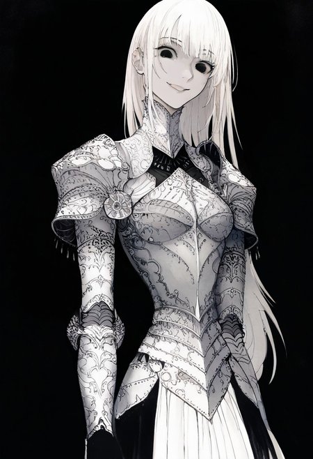 solo, looking at viewer, black eyes, black background, 1woman, long white hair, extremely pale skin, smirking, confident, white and black armor, masterpiece, best quality, very aesthetic, absurdres
 <lora:monfornoob:0.95>