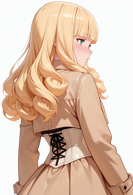 Smooth Quality,masterpiece,very intricate, high quality details, ultra realistic, high detailed skin,detailed enviorement,absurdres,
pinky out,
 <lora:Poporon_CNR:0.8> poporon_cnr, 1girl, blonde hair, long hair,blunt bangs, green eyes, curly hair,, bored,, simple background, white background, from behind,solo,, corset top,  ,duffle coat,  ,high-waist skirt,  ,