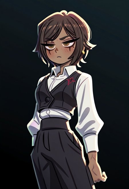 p0ch1,outis,short hair, brown hair, brown eyes, dark skin,collared shirt, long sleeves, white shirt, black pants, black vest