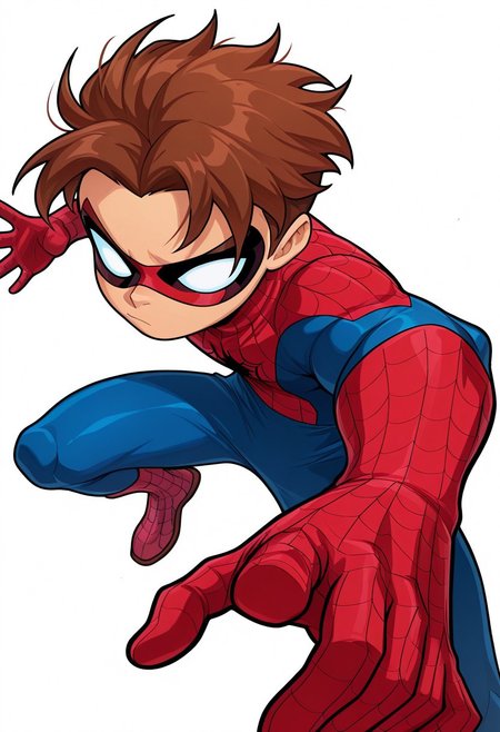 masterpiece, arwe, dynamism, foreshortening, best quality, amazing quality, very aesthetic, absurdres, newest, 1boy, solo, cute boy, male focus, Brown Hair, Spiderboy, bodysuit, red bodysuit, blue bodysuit, domino mask, no pupils, white eyes, simple background, dynamic pose, action pose, heroic pose