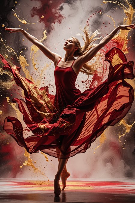 35mm photo from a low angle about a graceful blonde ballet dancer in motion. Depicted in a dynamic pose against an abstract dark background filled with splashes of crimson and gold paint. The dancer is in mid-performance, with her arms stretched out, her long skirt flying with the movement. She is barefoot. Dynamic and energetic atmosphere, close up, cinematic, high detail, highly detailed, intricate, intricate sharp details, dramatic lighting, smooth