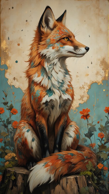 A 3/4-view 9:16 portrait, painterly realism with shallow canvas texture. Diffuse daylight from upper left kisses the subject, soft shadows pooling among flowers. The adult fox sits proud on a mossy stump; short russet-orange fur is overlaid by swirling cloisonnÃ© motifsâvermillion blooms, teal droplets, ochre curlicuesâthat echo lacquered inlay. Cream ruff and forepaws add contrast. Amber eyes gaze left with serene focus. No apparel, but ornamental patterning suggests living porcelain. Surrounding foliage is a muted teal and sage underwash dotted with marigold blossoms and curling stems; the backdrop is aged parchment spattered with gold leaf. Color palette: marigold orange (dominant), sage teal (cool split), vermillion red (warm split), sky-blue (accent), parchment beige (variant), weathered gold (neutral). in the style of James Jean, 8k masterwork, whimsical fauna, organic ornament, tranquil reverie, living lacquer <lora:FluxDFaeTasticDetails:0.7000000000000002> <lora:RM_Fantastify_v0.8M_classic:0.8000000000000002> <lora:Defluxion_II:0.6000000000000001>