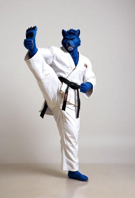 (((Barefoot furry character, full body, cinematic setting, furry male, plantigrade))) 
(((Beast from X-Man))), muscular, beefy, brawny, (((wears white kimono and lonh white pants))), (((performs karate kick))), blue fur on entire body
BREAK, detailed background, 8K, (masterpiece:1.5), intricate details, highly detailed, extreme detail, octane render, fine art, best quality, highres, (detailed face:1.5), ((full_body)), UHD, (((perfect hands))), low light