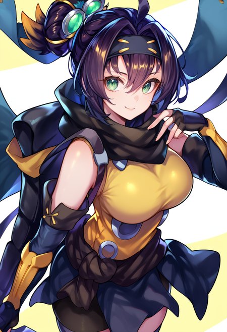 (score_9:0.9),score_8_up,score_7_up,anime style,rating_safe,(zPDXL),<lora:Sp little knight ponyXL v2:0.84>, Sp little knight, yellow clothes, black forehead protector, black fingerless elbow gloves, silver hair ornament, 1girl, solo, smile, large breasts, holding, looking at viewer, closed mouth