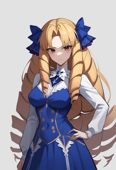 score_9,score_8_up,score_7_up,<lora:fate_hollow_ataraxia_all:1>,1girl, blonde_hair, blue_dress, brown_eyes, drill_hair, hair_bow, hand_on_own_hip, lace-trimmed_dress, long_hair, long_sleeves, looking_at_viewer, luviagelita_edelfelt, simple_background, sketch, solo, white_background