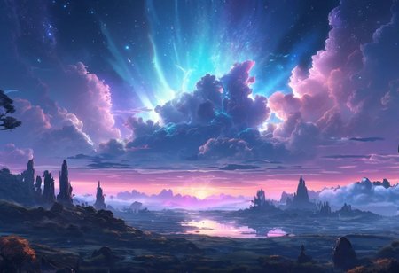 serene night, beautiful sky, apocalyptic, silhouette, Complex landscape, best quality, pastel colors, light blue tint, aesthetic Ethereal, Effulgent, Idyllic atmosphere, Tranquil, ethereal quality, cinematic volume, Twinkling lighting, glowing aura, global illumination, glowneon, Anisotropic Filtering, Unrivaled Opus, Unconventional, hyper detailed, HDR,