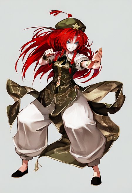 1girl, hong meiling, solo, long hair, hat, red hair, braid, chinese clothes, twin braids, blue eyes, star \(symbol\), pants, white background, hat ornament, star hat ornament, simple background, beret, full body, smile, dress, fighting stance, china dress <lora:banpaiAkiraOSXL_NBVP1_lokr_V6311P:0.95>