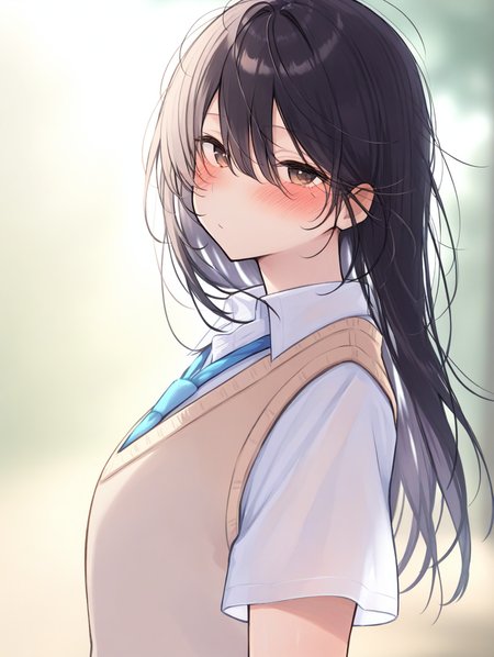 (masterpiece,best quality,ultra_detailed,highres,absurdres:1.2,amazing quality,very aesthetic),<lora:Mei Sato_ilxl_v3-000008:0.8>,1girl,solo,shirt,necktie,blush,long hair,looking at viewer,blue necktie,upper body,white shirt,short sleeves,sweater vest,school uniform,black hair,messy hair,collared shirt,brown sweater vest,closed mouth,hair between eyes,blurry background,brown vest,vest,loose hair strand,from side,yellow sweater vest,blurry,brown eyes,mei sato,