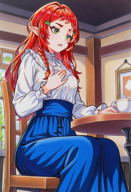 1girl, milf, red hair, side braid hair, green eyes, sharp eyebrows, wrinkles, pointed ears, small breasts, one scar on eye, mole,
white shirt, frilly shirt, blue skirt, long skirt, cowboy shot, hairclips,
cafe, sitting on chair, low angle, hand on chest,
colorpencilstyle, color pencil art, <lora:Hanran_Non_artist_style:1>,