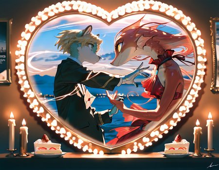 Advertising poster style , masterpiece, best quality, very aesthetic, absurdres, (furry art), by Tsutomu Nihei, from side, Flash combined with a slow shutter speed for light trails (Light Trails)., handfixer, usnr, sfw, 
valentines day poster, 2others, surreal, romantic, candles, love letter, strawberry shortcake, the little mermaid and prince eric, hand-in-hand walks along the beach at sunset, dimmed chandelier, red heart-shaped mirror, 
<lora:HandFixer_pdxl_Incrs_v1:1> <lora:Dynamic Poses:1> <lora:illustrious_noobai_epsilon_pred_11_very_aesthetic_v1:0.35> <lora:USNR STYLE_XL_lokr:0.25>, 
masterpiece, best quality, very aesthetic, absurdres, (furry art), . Professional, modern, product-focused, commercial, eye-catching, highly detailed