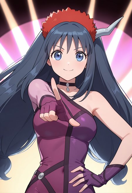 masterpiece, best quality, very aesthetic, absurdres, 1girl, solo,
<lora:may_wong_v02:0.9>, may_wong, may_stage, black hair, long hair, low-tied long hair, twintails, blue eyes,
hair ornament, single horn, choker, purple bodysuit, asymmetrical clothes, uneven sleeves, purple gloves, fingerless gloves, smile, posing, upper body