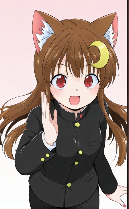 masterpiece, best quality, 1girl, solo, original artstyle, official artstyle, <lora:MikazukiNeko:1>, mikazukineko, brown hair, long hair, cat ears, crescent hair ornament, red eyes, hair ornament, school uniform, black gakuran, looking at viewer, smile, simple background, hand up, five fingers, open mouth, cowboy shot