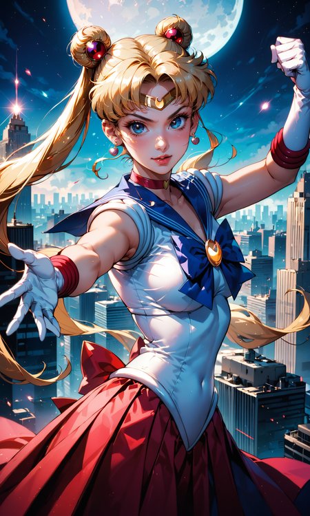 4n1v3rs3  score_9, score_8_up, score_7_up, BREAK
Tsukino Usagi, throwing Moon Tiara, Sailor Moon outfit, dynamic pose, intense expression, magical energy, cityscape background, high detail, photorealistic, vibrant colors
white gloves,