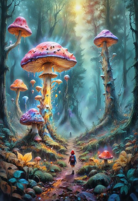 watercolor painting, Surreal, Fantasy landscape. enchanted forest. huge oversized colorful mushrooms. realistic textures and glowing edges. Autumn leaves and soft msoos on forest floor. Sunlight. Fog.  woman. little human woman with backpack. walks along a narrow forest path, emphasizing the size of the gigantic mushrooms. magical and dreamlike., surreal, ultra quality , 8k, best quality, masterpiece, textural, artistic, midjourneyv6.1, cube, surr, cube impression, vivid color, Colorful Chaos Cracks and Drops, psychedelicv2lora, colorful, psychvibes artstyle, abstract, scenery, PEEpicLand, illustration