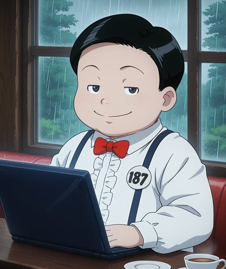masterpiece, best quality, colorful, highres, detailed background, 8k, hdr, uhd, <lora:nicholas-v1:1> hxh-nicholas, 1boy, (young), (chubby), male focus, cafe, holding laptop, white frilled shirt, (badge 187), window, rain outdoors, teacup, cinematic ambiance, smile, half-closed eyes, looking at viewer, red bowtie, fogged window, 3/4 view, suspenders, dutch angle