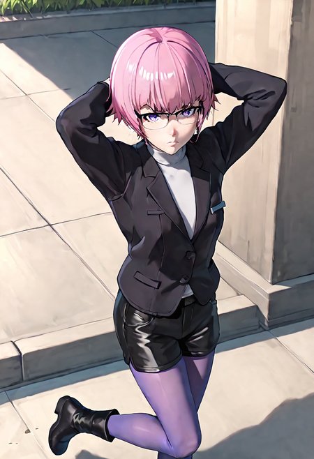 <lora:sdxl_lightning_8step_lora:1> <lora:Fixhands_anime_bdsqlsz_V1:1>score_9, score_8_up, score_7_up, source_anime, intricate details, perfect anatomy BREAK
1girl, solo, gis-esakipurin, pink hair, short hair, purple eyes, black-framed eyewear, black jacket, black shorts, gis-esakipurin outfit, purple pantyhose, black boots,
from above, arms behind head, Annoyed, Mouth turned down slightly, eyes narrowed, and a tense jaw., outdoors, 
<lora:gis-esakipurin_XL(pony)fix:0.9>