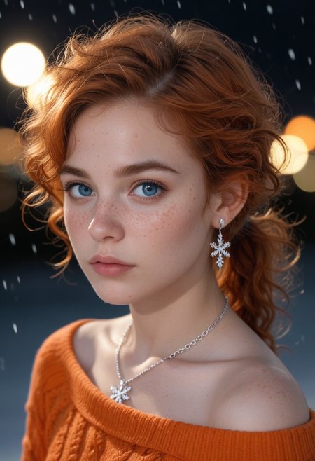 score_9, score_8_up, score_7_up, masterpiece, high quality, hyperrealistic, (melancholy), 8k, detailed face, detailed eyes, (warm colors, bokeh, Natural skin, Freckles) BREAK 
(Side view, extremely close portrait), 
very skinny beautiful girl, 18 years old, supermodel, looking past viewer, shy, most beautiful girl in the world, very short messy ginger hair, low ponytail, large curls, strand of hair in front of eye, beautiful ocean-blue eyes, ginger eyebrows, cute beautiful face, small pretty nose, slightly freckled skin, red feather earrings, elaborate complex rainbow necklace, small chest, off-shoulder warm orange knitwear sweater,
Warm lighting, black background, (snowing), snowflakes, snow,