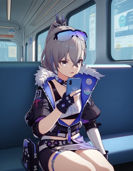 score_9,  score_8_up, score_7_up, <lora:silverwolf.pony:1> silverwolf,
1girl, solo, sitting, looking at phone, holding phone, looking up, train interior, annoyed, open mouth, evening, window