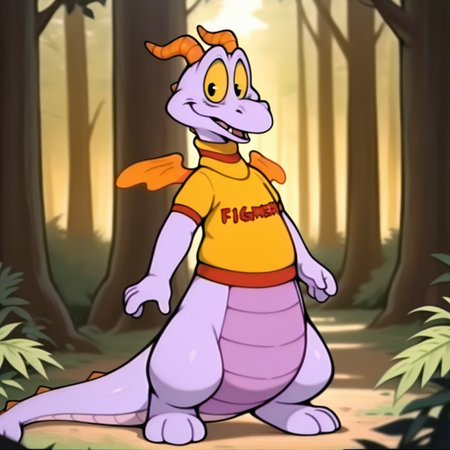 masterpiece, best quality, amazing quality, Figmentdrgnil, semi-anthro, dragon, purple skin, black eyes, yellow sclera, orange horns, orange wings, yellow shirt with red trim,  standing, in a forest, full body, looking at viewer, solo, <lora:b8848c94-532a-43ed-9cc0-6a79739f308e:1.0>