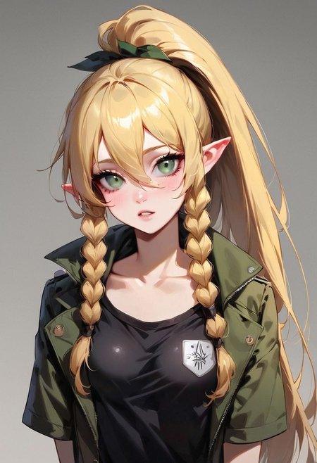 (masterpiece, best quality), 1girl, collarbone, {leafa, green eyes, blonde hair, ponytail, long hair, hair between eyes, bangs, twin braids, pointy ears,((black lather jacket,black latex t-shirt)),lock at viewer
score_9, score_8_up, score_8_up, layering, 1girl,  exposed, large soft breast, slender body, ultra detailed,(g0thicPXL:0.3), <lora:g0th1cPXL:0.3>, cover,  exaggerated proportions, long hairs , blond hair, medium breasts ,large elastic buttocks, round bubble ass,  (ultra wide angle shot:0.65), shallow depth of field, smooth skin texture, alluring curves, tasteful sensuality, softcore, Expressiveh