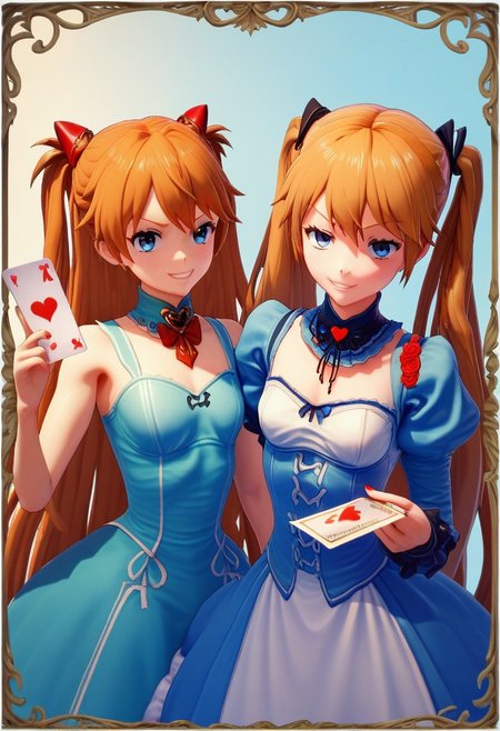 score_9, score_8_up, score_7_up, 2girls, alice in wonderland style, Asuka Langley, blue dress, detached collar, Queen of Hearts, holding card, smug grin, Ami Arakawa