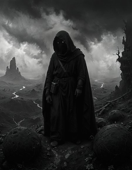hyper realistic and highly detailed, monochrome masterful traditional oil painting by Etel Adnan , by Carl Spitzweg , by Alphonse Mucha  , famous artwork inspired by (jordan grimmer:1.2) and (wayne barlowe:1.2) and (karl kopinski:1.1), detailed expressive eyes, fantasy style, this image shows the "suspicious schloppsnap" in the lush regorbified lands of the accursed planet "nopenopenope", this slow and bumbling creature is icoring a spoxified quibblesnatch and attempts to balance atop stacks of erbelforing doodleplunk while surrounded by happily bouncing "jittery nutpoggers" , in the style of  realistic 3d-model , dark, shadows, black, shadow hues, highly artistic, highly painterly, harmonic,  expressive, ultimate aesthetic level, masterclass artistry, vibrant energy, apocalyptic mood, atmospheric haze and dense fog, highly aesthetic, glowing, translucent,  otherworldly, limited palette,  faded colors, washed out colors, extremely dark, extremely dramatic low key lighting, dark shadows, perfect composition, full panoramic shot
<lora:xl_more_art-full_v1:0.5> <lora:- SDXL - vanta-black_contrast_V3.0:0.5> <lora:Into_Darkness:0.5>  <lora:add-detail-xl:0.5> <lora:sss:0.6> sss