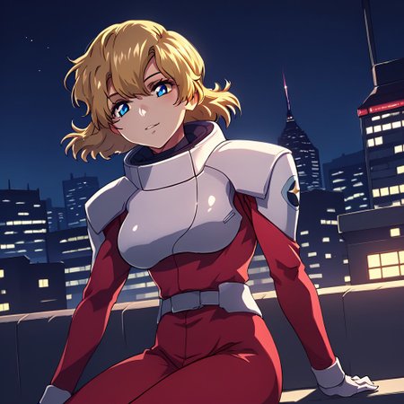 score_9, score_8_up, score_7_up,city view, 1 female,night view, moonlight,asagicaldwell, blue eyes, blonde hair, pilotsuit, gauntlet,sitting