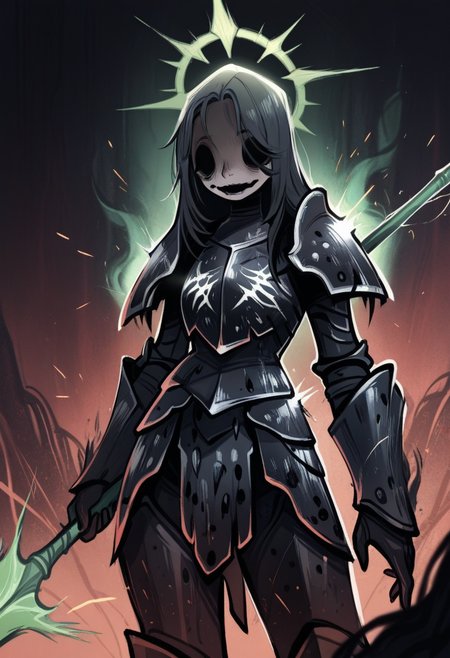 d0p4style,  masterpiece,  best quality, solo,   female, green halo, hollow eyes, static aura jagged armor, regal, black armor, tyrant, sparks, holding large spear,