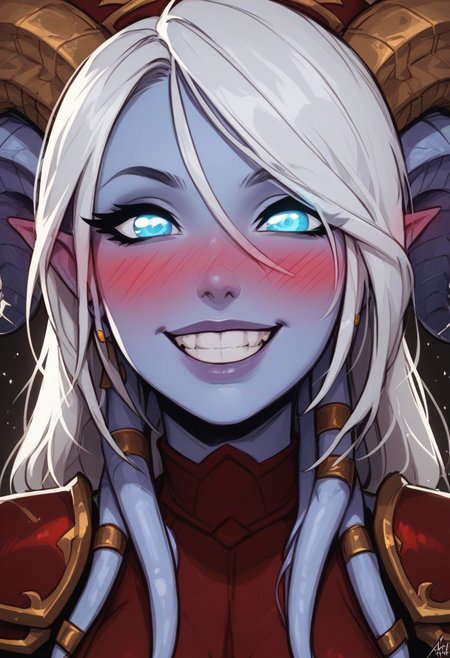 score_9, score_8_up, score_7_up, score_6_up, score_5_up, score_4_up, uncensored, 
BREAK
Expressiveh, very aesthetic, Godrays, 
yrel, 1girl, bokeh:1.2, sexy, white hair, glowing blue eyes, Draenei, large breasts, perfect eyelashes, blue skin girl, hat, plate armor, (perfect eyes:1.3, wide eyes, detailed eyes, amazing eyes, blue eyes, beautiful blue eyes), (intense dark red blush:1.5),
((girl facing viewer)), Happy, beaming smile, teeth, face_focus, close up,