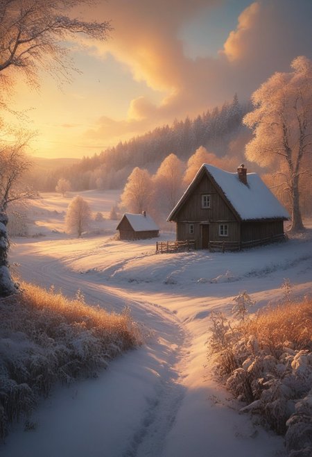 A peaceful nordic winter countryside scene bathed in the warm glow of golden hour, where soft light transforms the landscape into a tranquil haven. Gentle palette captures the serenity of the moment, infusing the fields and sky with harmonious hues. Dreamlike quality adds an ethereal touch, blurring the lines between reality and imagination as clouds drift lazily overhead. Meanwhile, Boris Vallejo’s fantastical elements introduce a sense of wonder, perhaps featuring whimsical creatures or enchanting flora that invite the viewer to explore this idyllic setting. Together, these artistic styles create a serene composition that celebrates the beauty and magic of rural life, evoking a feeling of peace and contentment.
 (8k uhd:1,4), max details, midjourneyv6.1