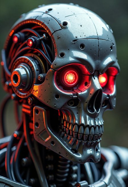 The photograph in question is a stunning, high-detail image of the endoskeleton of a terminator cybernetic machine soldier. The composition of the photograph is expertly executed, with the viewer's focus immediately drawn to the intricate details of the machine's face. The use of close-up framing allows the audience to see every nut, bolt, and weld in sharp relief, creating a sense of awe and wonder at the complexity of the technology on display.
The lighting in the photograph is exceptional, casting deep shadows and bright highlights across the contours of the terminator's skull and mechanical eyes. The backlighting is particularly noteworthy, as it creates a halo effect around the edges of the machine's face, adding an otherworldly quality to the image. This lighting technique also serves to highlight the texture and sheen of the titanium skull, which appears almost organic in its detail.
The mechanical eyes of the terminator are a striking feature of the photograph. They glow with an eerie red light, casting an ominous pall over the rest of the image. This red glow adds a sense of menace and foreboding, hinting at the destructive potential of the machine. The eyes are also incredibly detailed, with intricate wiring and circuitry visible beneath the surface of the glassy lenses.
The intricacy of the detail in the photograph is truly remarkable. Every screw and rivet is perfectly rendered, giving the viewer a sense of the precision and care that went into the construction of the terminator's endoskeleton. The texture of the titanium skull is particularly impressive, with every pore and crevice visible in sharp relief. The wiring and circuitry that crisscross the machine's face are also meticulously detailed, adding to the overall sense of realism.
Despite the cold, mechanical nature of the terminator's endoskeleton, the photograph manages to convey a sense of humanity. The lighting and composition give the machine a sense of depth and character, making it feel almost alive. The red glow of the mechanical eyes adds an emotional charge to the image, hinting at the machine's inner workings and motivations.
Overall, the photograph is a masterclass in high-detail photography. The use of lighting, composition, and backlighting creates a stunning, realistic image that is both fascinating and unsettling. The intricate detail of the terminator's endoskeleton adds to the sense of realism, making it feel like a genuine piece of technology. The red glow of the mechanical eyes adds an emotional charge to the image, hinting at the machine's inner workings and motivations. This photograph is a true work of art, showcasing the power and potential of modern photography.