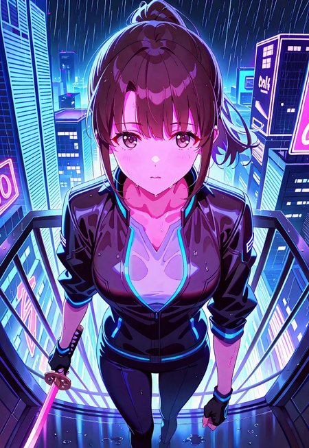 safe_pos, 1girl,Megumi <lora:IL-KatoMegumi:0.8>,brown hair,katou megumi,brown eyes,medium breasts,ponytail, short hair, 

cyberpunk city rooftop at night, wearing a black leather jacket with neon blue trim, fingerless gloves, and high-tech goggles pushed up on her head, holding a glowing katana with cybernetic designs, rain softly falling, neon lights reflecting on the wet rooftop, distant skyscrapers with glowing signs in the background, determined and confident expression, dynamic low-angle perspective, vibrant pink and blue lighting, futuristic and gritty atmosphere,

masterpiece,best quality,high quality,good quality,newest,((detailed eyes))