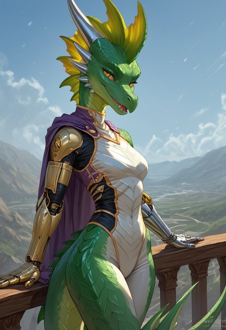 score_9, score_8_up, score_7_up, source_cartoon, SFW, ((anthropomorphic dragon)), female, source_furry, ((Oneprostethicarmright, prosthetic right forearm)):1.4, (1woman, anthro dragon), (((bright green scales, two toned green body scales, glossy scales))), purple irises, extremely detailed, large nostrils, full seductive lower lip,  extremely detailed, ((very large head fins)):1.3, (((one tall blue head spike, yellow back spikes))), detailed body scales, strong athletic body, small athletic breasts, toned arms, toned legs, long tail, feminine body, extreme detailed, thin waist, wide hips, (((silver plugsuit))), sci-fi, Parted lips, seductive expression, outside, resting against railing, sunny day, ((masterpiece)) (dynamic lighting:1.1) ((masterpiece)) godrays , (dynamic battle), (action pose) (explosions in the background), holding a Katana, very heroic, wearing purple cape on her back, space station, battlefield, white and silver plugsuit, detailed sci-fi background, extreme detailed, ( (dynamic lighting:1.1) ((masterpiece)) (dynamic lighting:1.1) ((masterpiece)) godrays, (highly detailed:1.2), (intricate:1.2), (best quality:1.2),(8k:1.2), (sharp:1.2), (majestic:1.2), natural lighting, detail++,