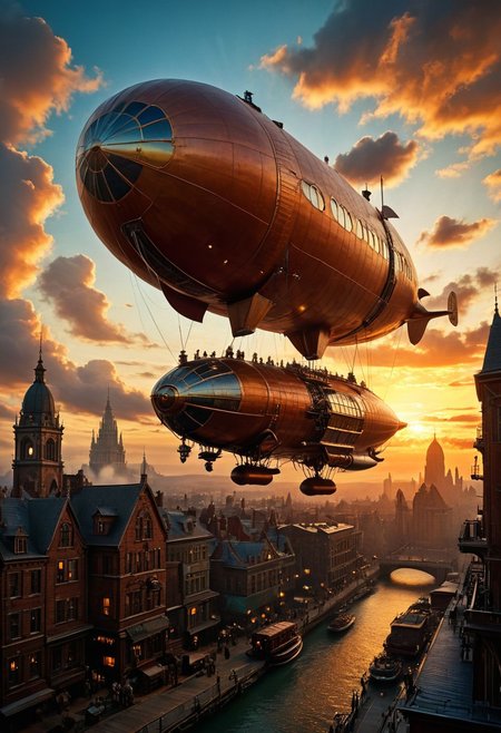 ultra HD, high quality, 4K, score_9, score_8_up, score_7_up, photo, extremely detailed, 8k, high quality, Source_photo, real photo, sharp,
steampunk zeppelin airship flying over a steampunk city, skyscrapers,  vibrant, dynamic, sunset, silhouetted, clouds, scenery, masterpiece, perfect composition, legendary view