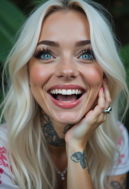 Hyperrealism, full body Portrait of a unique female character. Long-shot. She has large turquoise eyes filled with joy and excitement, extravagant eyelashes, masterpiece of photography and digital art. Style: realistic hyper-detailed rendering, 32k UHD, expressive eyes, Platinum hair, graphic design, pink hibiscus tattoo, pretty and cute, lips, white skin. Exuding confidence and serenity. Vibrant colored tattoos