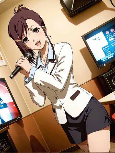 masterpiece,best quality,newest,
1girl,solo,
anime screencap,<lora:sakurai_kanade_ilxl_v1.0:1>,brown hair,single hair bun,x hair ornament,brown eyes,short hair,
k_clothes,uniform,white jacket,shirt,black skirt,black shorts under skirt,
<lora:j_karaoke_ilxl_v1:1>,j_karaoke,
<lora:Fixhands_anime_bdsqlsz_V1:1>,microphone,singing,standing,dynamic_angle,cinematic_angle,dutch angle,monitor,table,drinking_glass,smile,dancing,portrait,cowboy_shot,monitor,speaker,gasping,