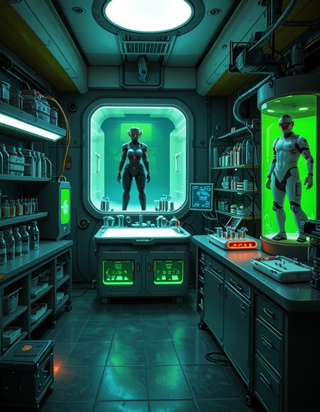 "A hyperrealistic scene of Gordon Freeman in his HEV suit eating lasagna at a retro 90s kitchen table, surrounded by domesticated headcrabs acting like pets, a Vortigaunt washing dishes in an apron, cinematic lighting, absurdity meets realism, surreal textures, intricate kitchen details, nostalgic yet eerie ambiance." looking at viewer,A (woman scientist:1.3),short brown hair, standing confidently in front of a futuristic laboratory,futuristic l4b0r4t0ry, filled with advanced technology and glowing screens. She is wearing a sleek, high-tech lab coat with metallic accents Her posture is upright,gesturing towards a large containment chamber with the other. Inside the chamber, faint outlines of humanoid figures are visible, suggesting the development of super soldiers. The laboratory is illuminated by soft neon lights in shades of blue and green, with detailed machinery, robotic arms, and vials of glowing substances scattered across workstations. The atmosphere is futuristic, clean, and high-tech, with a sense of intense innovation and ambition.<lora:SDXLFaeTastic2400:0.4> <lora:extremely_detailed:0.4> extremely detailed <lora:futuristic_l4b0r4t0ry:1>, Masterpiece,best quality,hi res,8k,hi res,8k,award winning,(sharp focus, intricate, highly detailed),