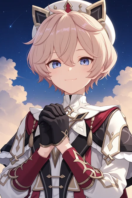 masterpiece, best quality, 1boy, androgynous, armor, closed mouth, cloud, cosplay, dahlia, gloves, hair between eyes, hat, long sleeves, looking at viewer, male focus, own hands together, short hair, smile, solo, star \(sky\), upper body, white headwear, white shirt  <lora:dahlia:1>