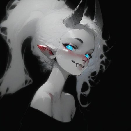 (Blend_in, black background), score_9, score_8_up, score_7_up, masterpiece, best quality, absurdres, vibrant, highly detailed, sketch, monochrome, greyscale, spot color, upper body, full front, Lynn Pink, blue eyes, blush, ponytail, tail, horns, pointy ears, fangs, (((adult))), small breasts, simple black shirt, long sleeves, off shoulder, no bra, looking at viewer, seductive smile
