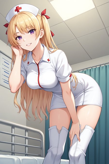 score_9, score_8_up, score_7_up, source_anime, 1girl, prefect lighting, very aesthetic, intricate details, highly detailed background, masterpiece, high quality, prefect hands, best quality, solo,
<lora:Majikoi_Chris_V2:.85>, KJOchris, blonde hair, purple eyes, hair bow, long hair, mole under eye, two side up, 
nurse cap, nurse, leather thigh boots,
from below, adjusting hair, leaning forward, smile, looking at viewer,
hospital, hospital bed,
(Beautiful, medium Breasts:1.2), natural breasts,