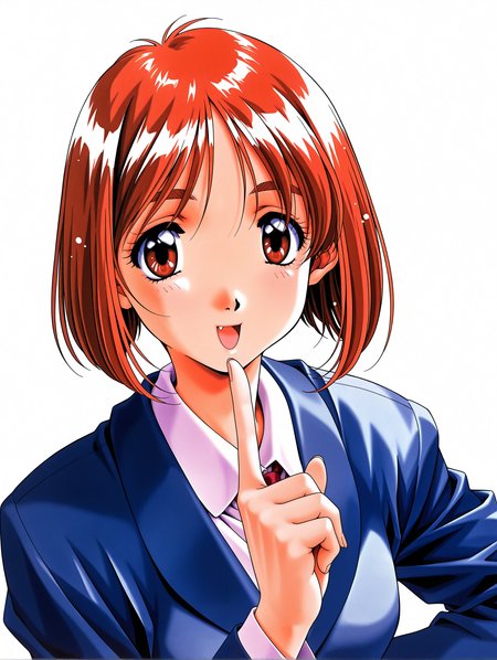 masterpiece,best quality,newest,
1girl,solo,
1990s \(style\),retro artstyle,<lora:yamamoto_rurika_ilxl_v1.0:1>,y_ruruka,short hair,brown hair,brown eyes,r_clothes,blue jacket,long_sleeves,<lora:Fixhands_anime_bdsqlsz_V1:1>,face_focus,looking_at_viewer,white background,simple_background,standing,upper_body,shushing,:d,portrait,