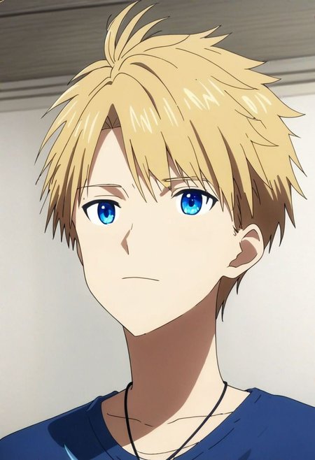 high resolution, solo, best quality, 1Boy, Yamato Ishida, Blond Hair, Blue Eyes, Necklace, existential longing, virtual world, OverallDetail