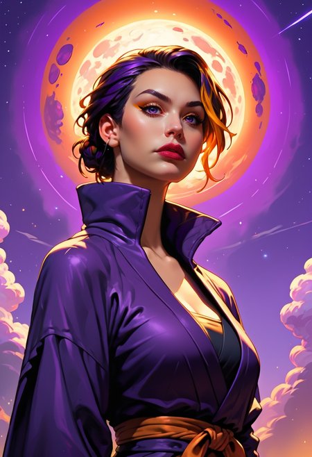 <lora:g0th1cPXL:0.5>g0th1c<lora:TradingCardsPonyXL:0.65>dsktrdcardxl,score_9, score_8_up, score_7_up, score_6_up, solo, source_comic, comic book art, fantasy art, Lenticular, dark and dim, Low Angle, (side view perspective), a woman, (ninja:1.1) woman, with yellow ,amber hair, deep orange ,purple eyes, detailed eyes, with a high collar cyber (Samurai:1.1) jacket, Large linen cape ,super detailed, background is amber , surrounded by a detailed spacescape with translucent dark-amber Highlights, stunning lighting, detailed, highly vibrant, detailed, masterpiece, highly detailed, high quality, score_5_up, score_4_up,