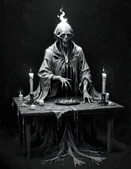 score_9, score_8_up, score_7_up, mm-style, monochrome, black background,(candle), small flame, horror, dark fantasy, full body,candle on a table, <lora:Monochrome_Monsters_Pony:0.8>
