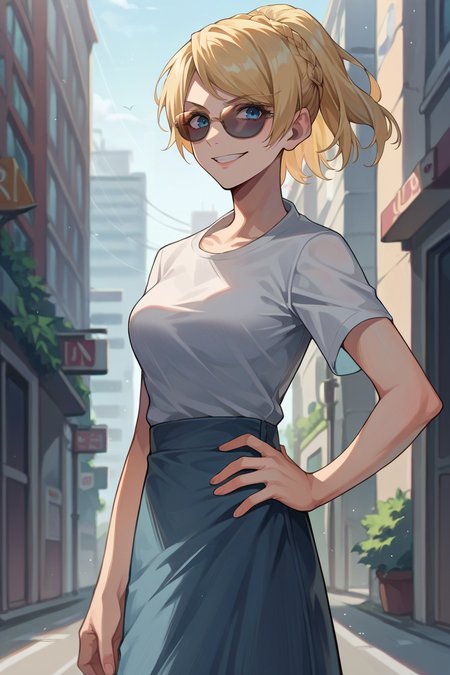 score_9, score_8_up, score_7_up, score_6_up, source_anime, BREAK 1girl, solo,  <lora:lunafreya-pdxl-nvwls-v1-000006:1> lunafreya, blonde hair, blue eyes, braid, ponytail, medium breasts, grey t-shirt, long skirt, city, hand on hip, grin, sunglasses